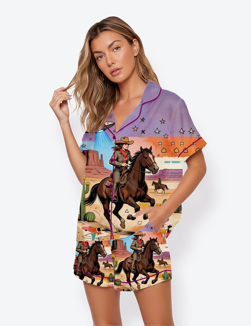 Women’s Western Pop Cowboy Horse Short Sleeve Satin Pajama Set